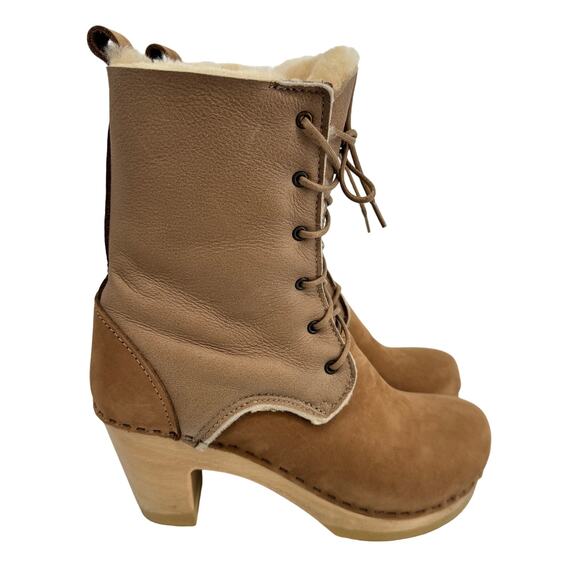 No. 6 Suede Fur High Heel Lace Up Shearling Boots Tan & Brown Size 38 (US 7.5) - Picture 4 of 13